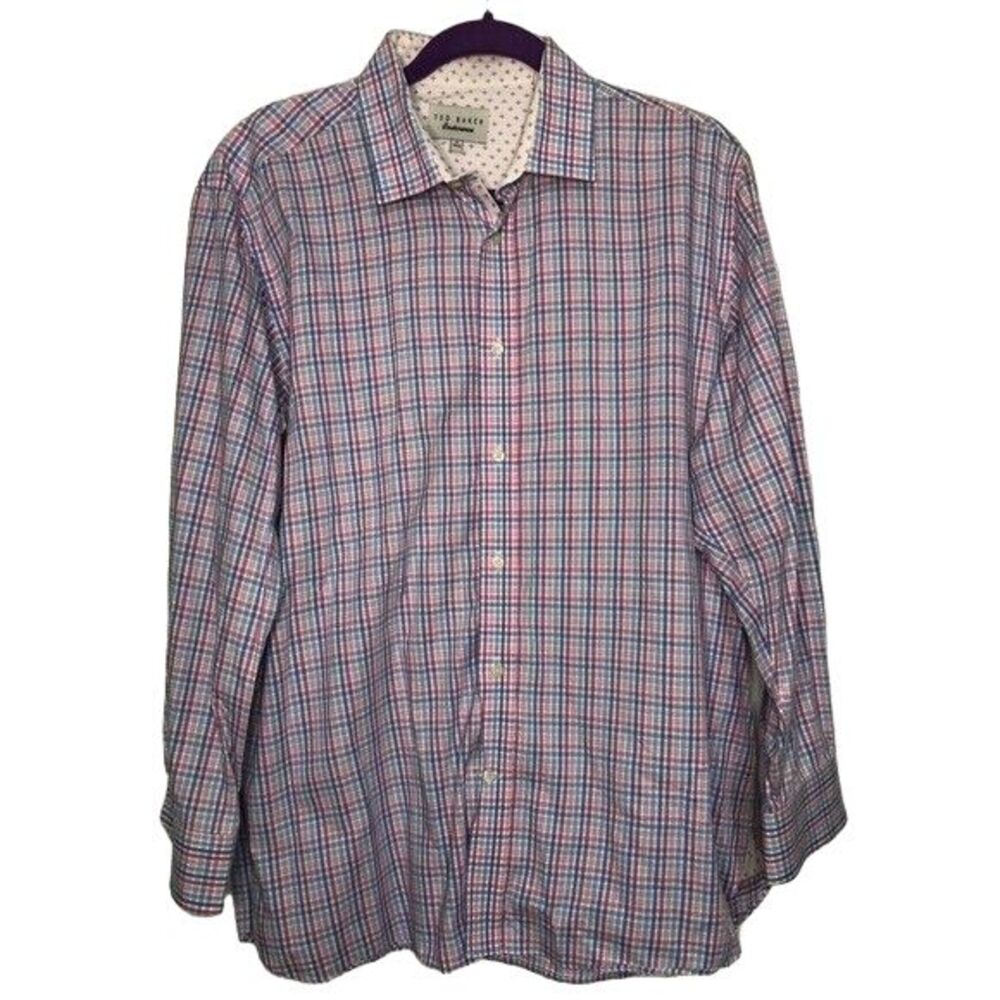 Ted Baker Endurance‎ men's plaid pink blue size 17 32/33 100% cotton button down